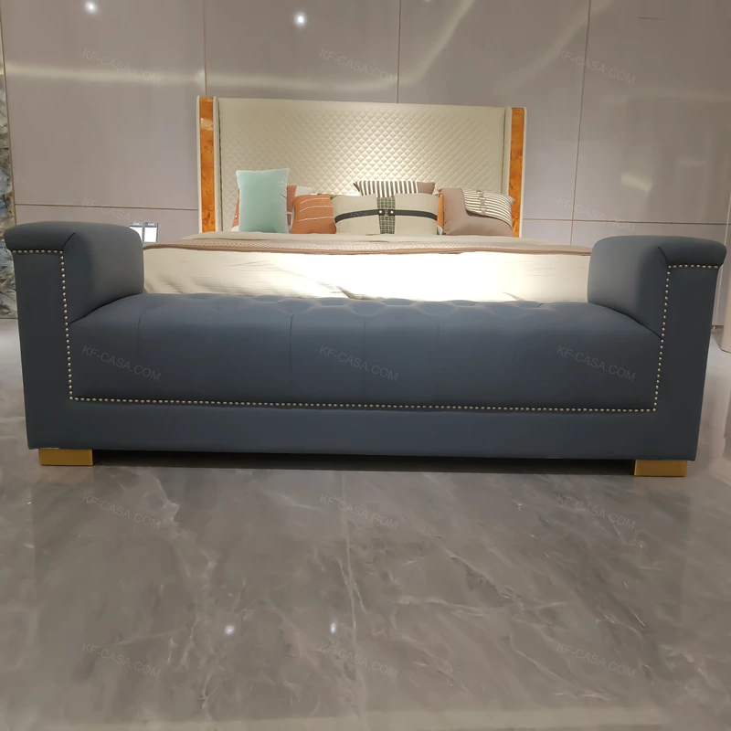 Slate Blue Leather Bed End Bench with Nailhead Trim and Metal Block Feet